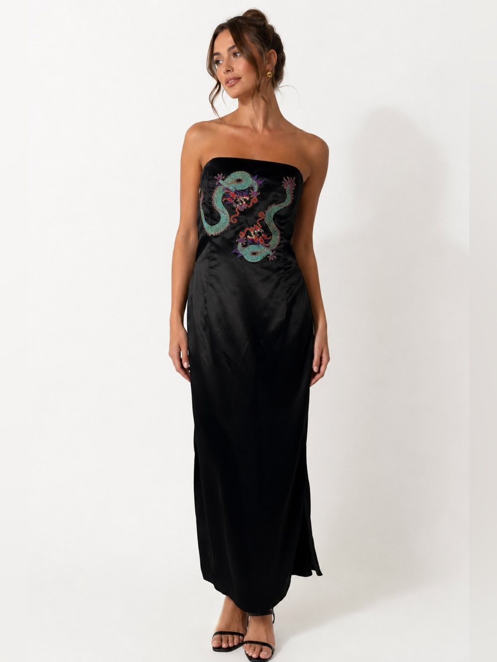 Gunne Sax Millennium 2000 Dragon Embroidered Strapless Satin Maxi Dress 7